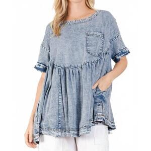 NEW BLUE VELVET babydoll washed top with pockets in blue